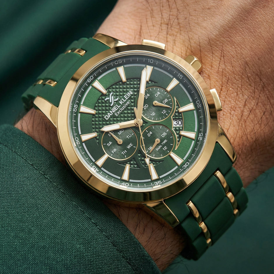Daniel Klein Exclusive Dark Green and Gold Stainless Steel and Silicone Watch for Men DK.1.14235-4