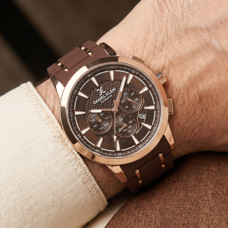 Daniel Klein Exclusive Dark Brown and Rose Gold Stainless Steel and Silicone Watch for Men DK.1.14235-5
