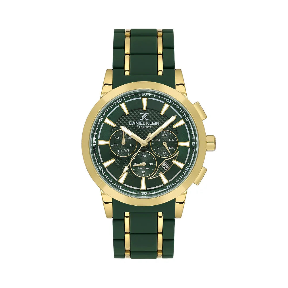 Daniel Klein Exclusive Dark Green and Gold Stainless Steel and Silicone Watch for Men DK.1.14235-4 - Daniel Klein Saudi Arabia
