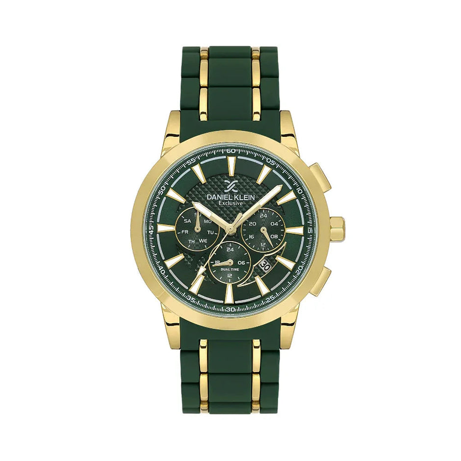 Daniel Klein Exclusive Dark Green and Gold Stainless Steel and Silicone Watch for Men DK.1.14235-4 - Daniel Klein Saudi Arabia