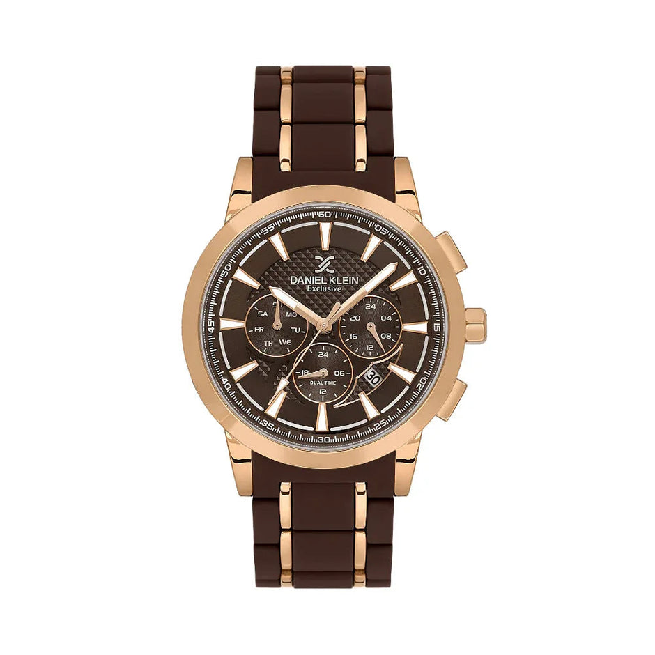 Daniel Klein Exclusive Dark Brown and Rose Gold Stainless Steel and Silicone Watch for Men DK.1.14235-5 - Daniel Klein Saudi Arabia